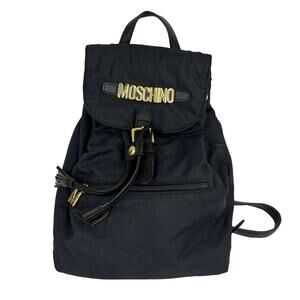 MOSCHINO Mini Black Nylon Leather Trim Backpack Gold-tone Logo